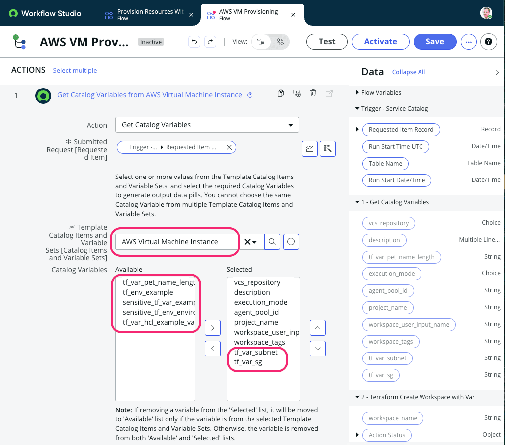 Screenshot: ServiceNow Get Variables Flow Step