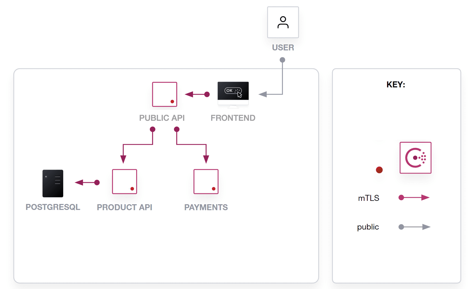 Picture of the HashiCups architecture, as described in the previous paragraph. A picture of a user with flowchart arrows indicating communication: A User connects from the Public. The Frontend communicates over mTLS with the Public API. The Public API communicates over mTLS with the Payments service and the Product API. The Product API communicates over mTLS with the postgres database.