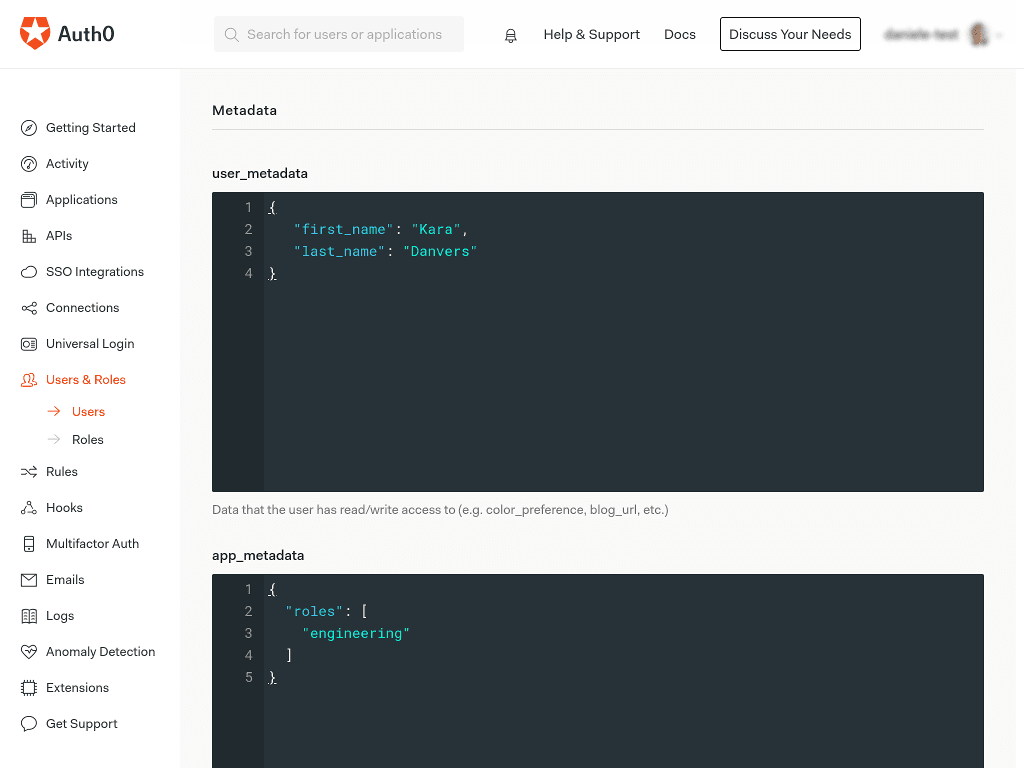 Auth0 UI configure user metadata