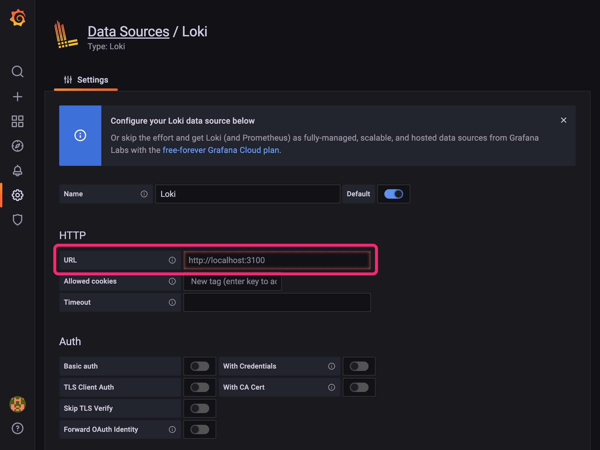Entering the Loki data source URL 