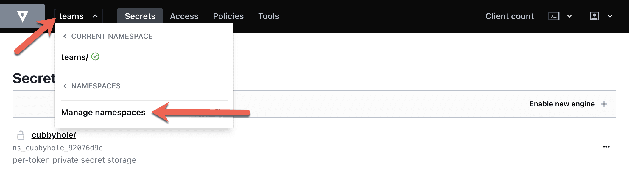 Namespace menu