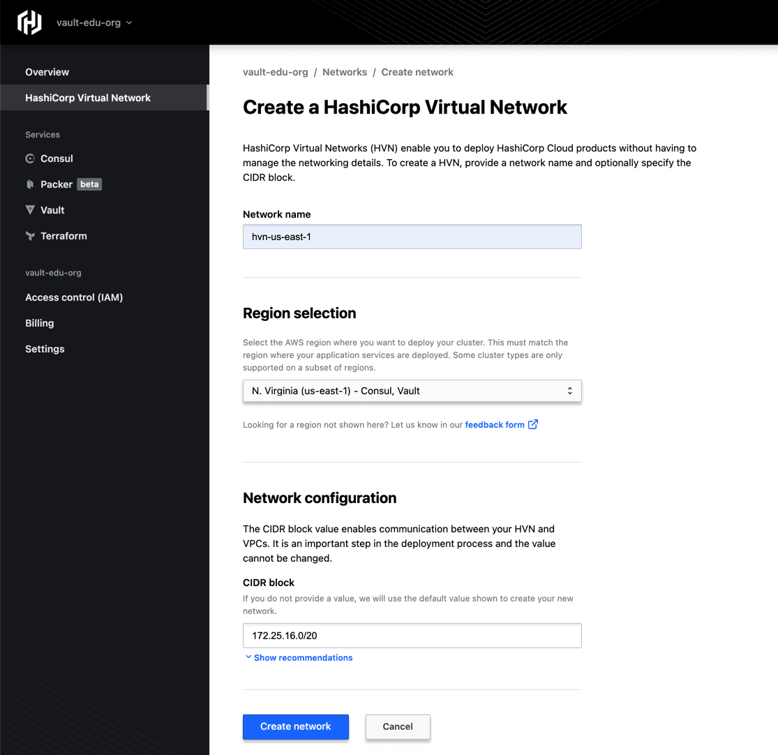 Create an HVN in US East