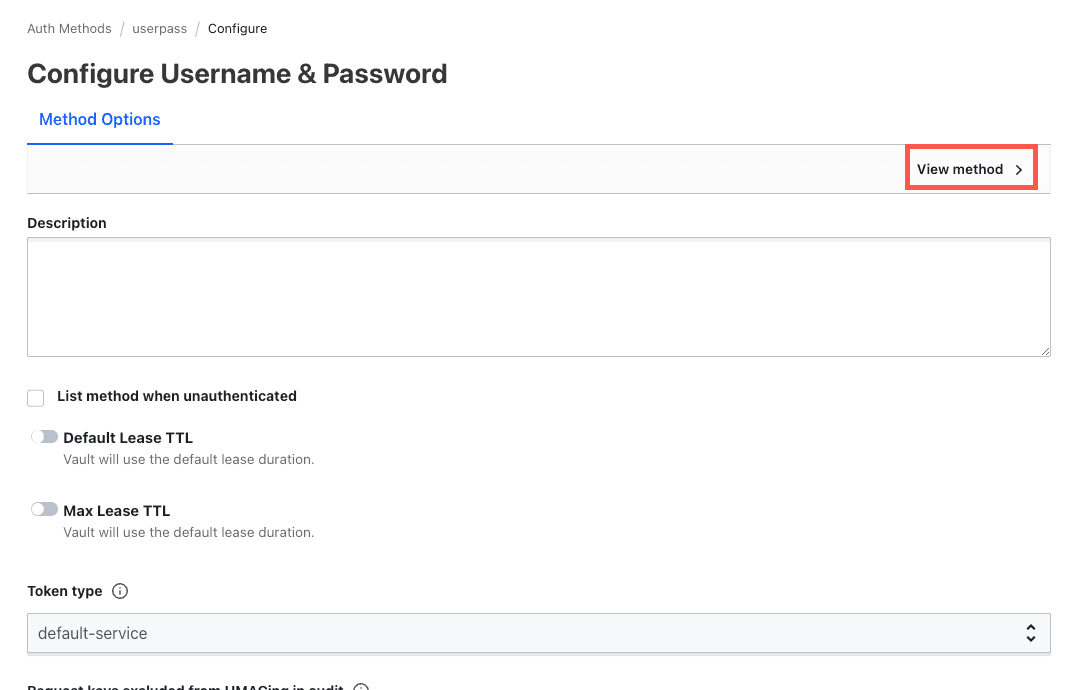 Vault UI showing username and password auth method options with the view
method link highlighted