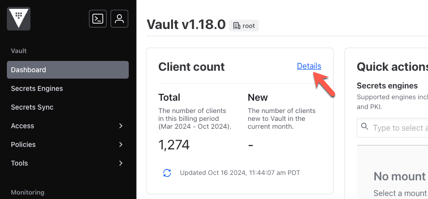 Vault UI default dashboard example